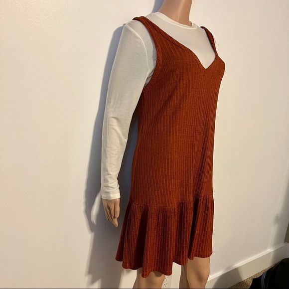 Long Sleeved Layered Dress Autumn Copper Brown and Cream Colored Undershirt - Picture 2 of 9